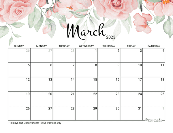 march Calendar 2023 Printable Rose