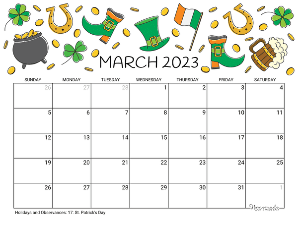 March Calendar 2023 Printable St Patricks Day Landscape 600x464 