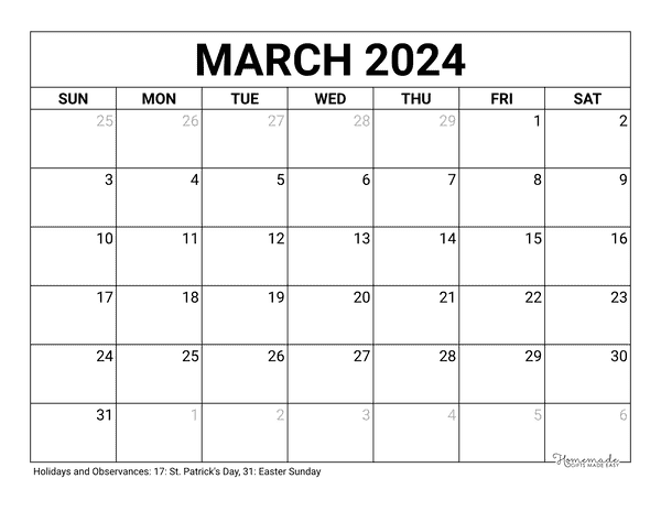 Monthly Calendar 2024 Printable Free March andria margarita