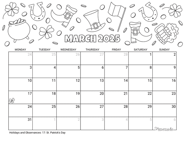 March Calendar 2025 Printable St Patricks Day to Color Landscape Monday Start