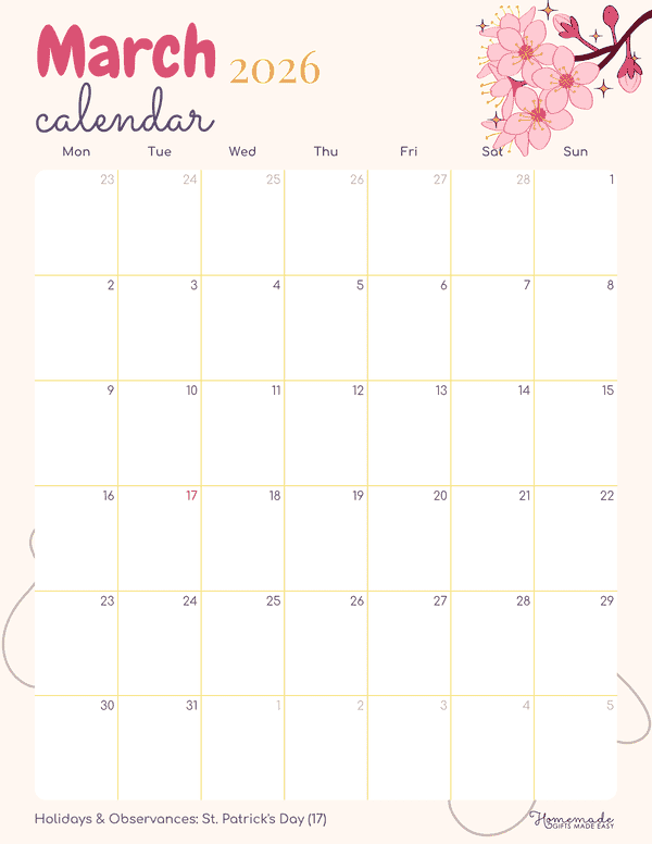 March Calendar 2026 Cute Feminine Monday Start