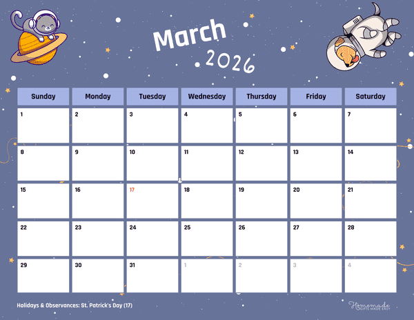 March Calendar 2026 Cute Space Pets