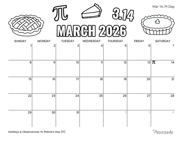 March Calendar 2026 Fun Pi Day Calendar to Color