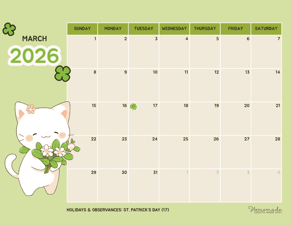 March Calendar 2026 Green Cute Playful Cat