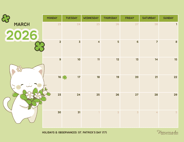 March Calendar 2026 Green Cute Playful Cat Monday Start