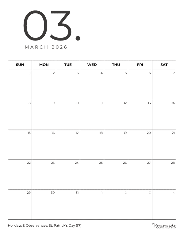 March Calendar 2026 Minimalist Portrait