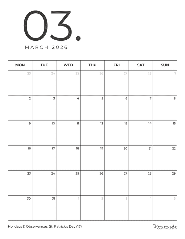 March Calendar 2026 Minimalist Portrait Monday Start