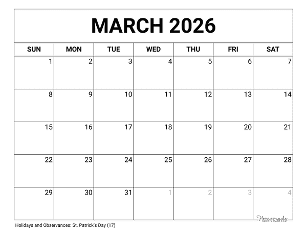 March Calendar 2026 Printable Blank