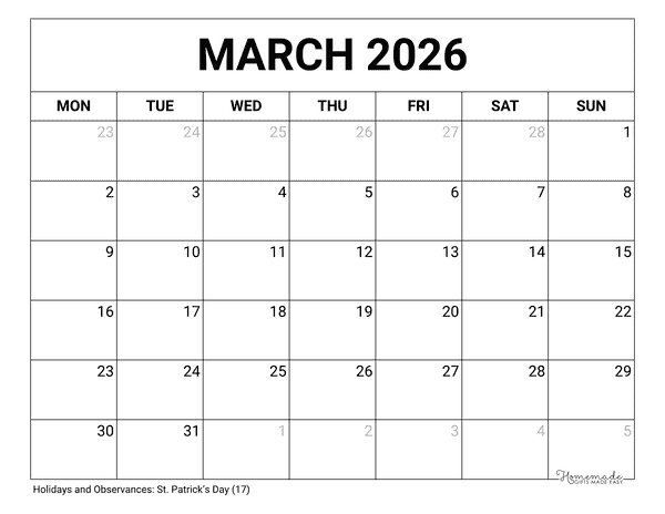 March Calendar 2026 Printable Blank Monday Start