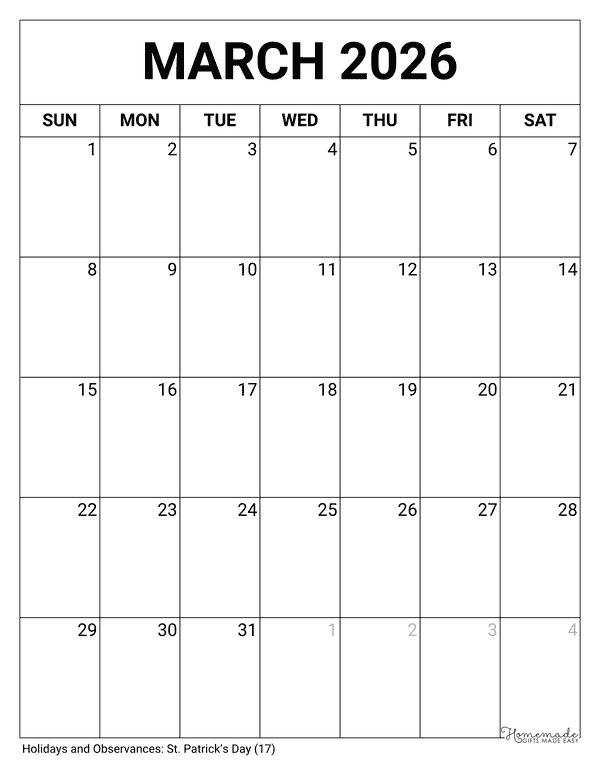 March Calendar 2026 Printable Blank Portrait