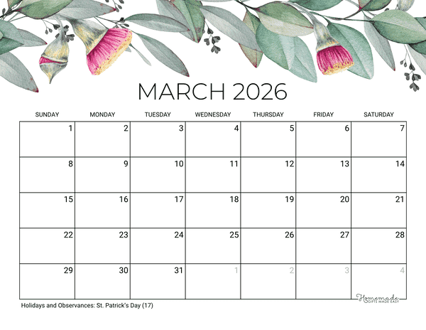 March Calendar 2026 Printable Eucalyptus