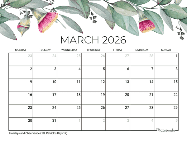 March Calendar 2026 Printable Eucalyptus Monday Start