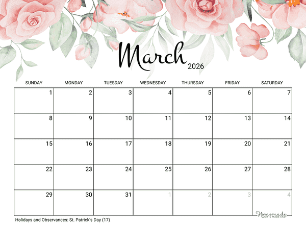 March Calendar 2026 Printable Rose