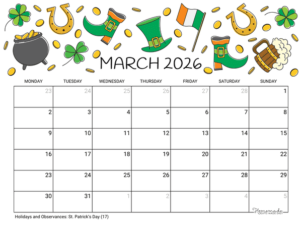 March Calendar 2026 Printable St Patricks Day Landscape Monday Start