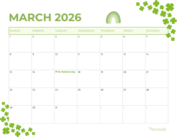 March Calendar 2026 Simple Green Watercolor