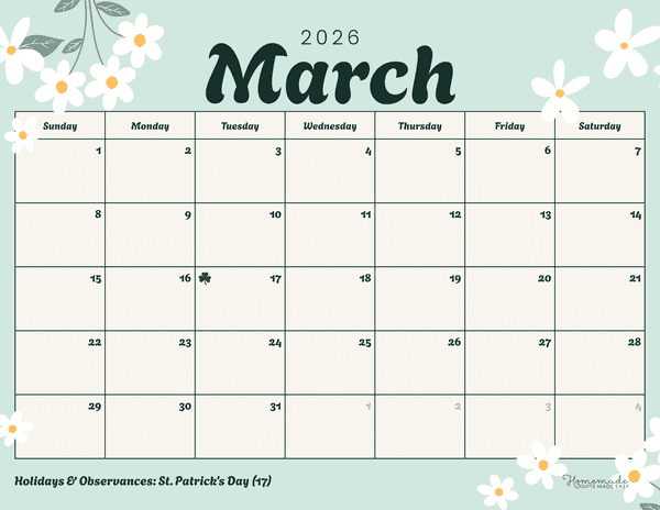 March Calendar 2026 Simple Mint Daisies