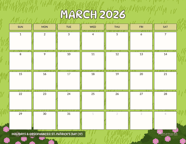March Calendar 2026 Simple Spring Grass