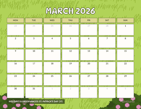 March Calendar 2026 Simple Spring Grass Monday Start