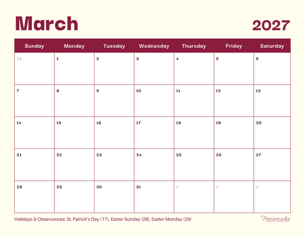 March Calendar 2027 Clean Modern Cream and Amaranth