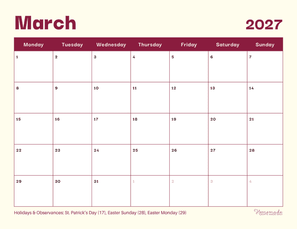 March Calendar 2027 Clean Modern Cream and Amaranth Monday Start