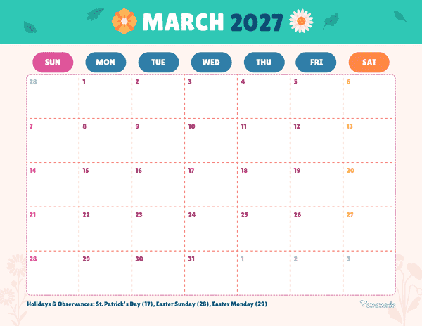 March Calendar 2027 Cute Colorful Playful
