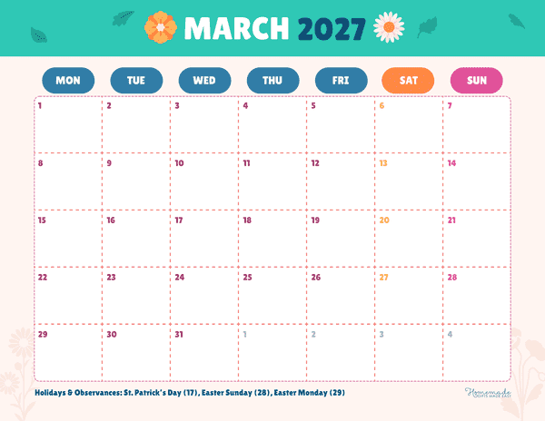 March Calendar 2027 Cute Colorful Playful Monday Start
