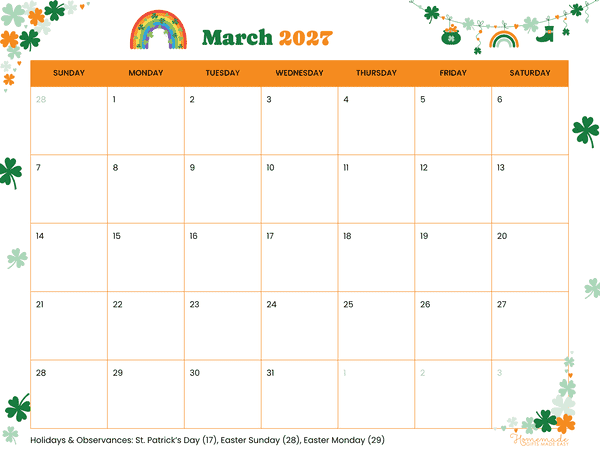 March Calendar 2027 Green Orange Playful Illustrated St Patricks