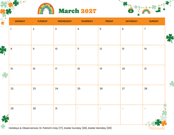 March Calendar 2027 Green Orange Playful Illustrated St Patricks Monday Start