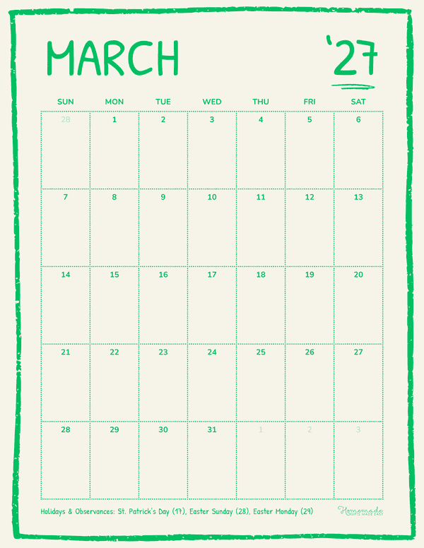 March Calendar 2027 Green Sketch Aesthetic Portrait