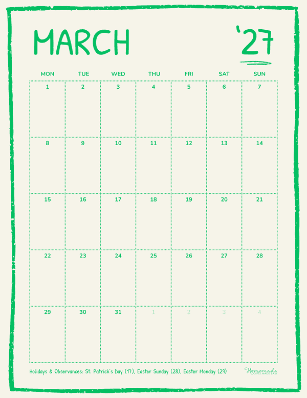 March Calendar 2027 Green Sketch Aesthetic Portrait Monday Start