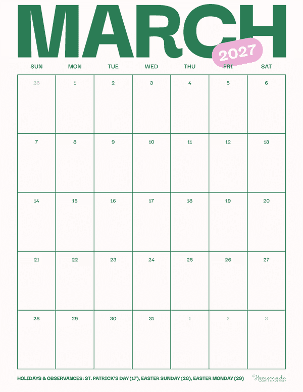 March Calendar 2027 Modern Green and Pink Portrait