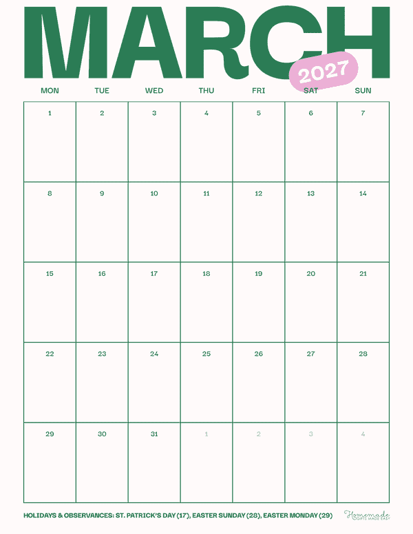 March Calendar 2027 Modern Green and Pink Portrait Monday Start