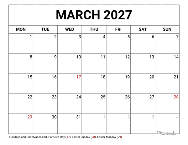 March Calendar 2027 Printable Blank Monday Start