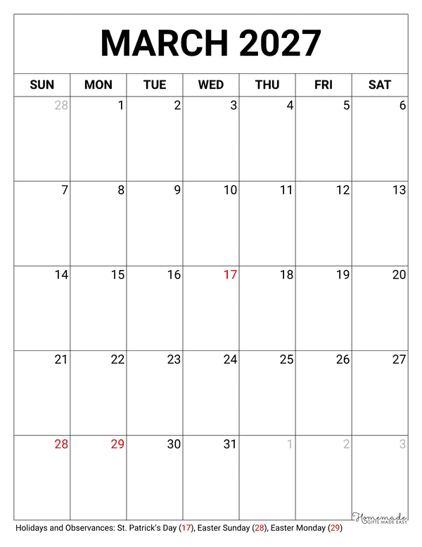 March Calendar 2027 Printable Blank Portrait