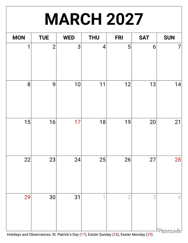 March Calendar 2027 Printable Blank Portrait Monday Start