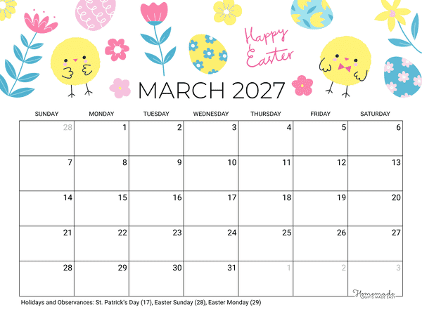 March Calendar 2027 Printable Easter Landscape