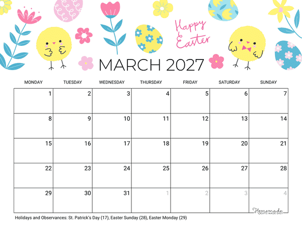March Calendar 2027 Printable Easter Landscape Monday Start