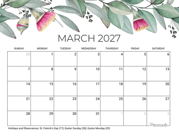 March Calendar 2027 Printable Eucalyptus