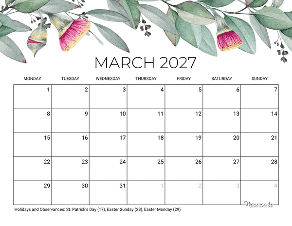 March Calendar 2027 Printable Eucalyptus Monday Start
