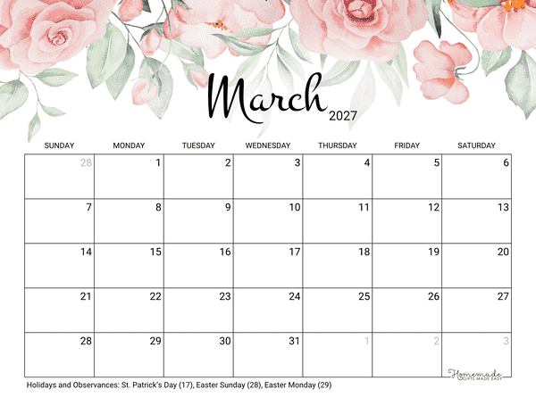 March Calendar 2027 Printable Rose