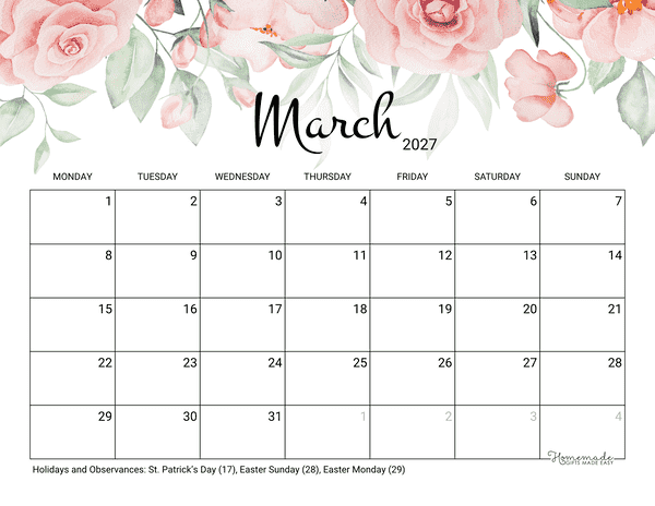 March Calendar 2027 Printable Rose Monday Start