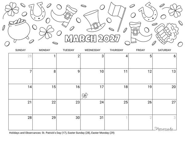March Calendar 2027 Printable St Patricks Day to Color Landscape