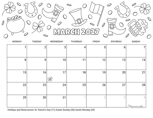 March Calendar 2027 Printable St Patricks Day to Color Landscape Monday Start