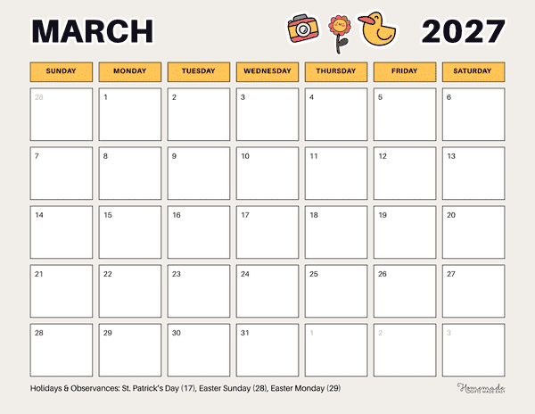 March Calendar 2027 Simple Cute Spring Stickers