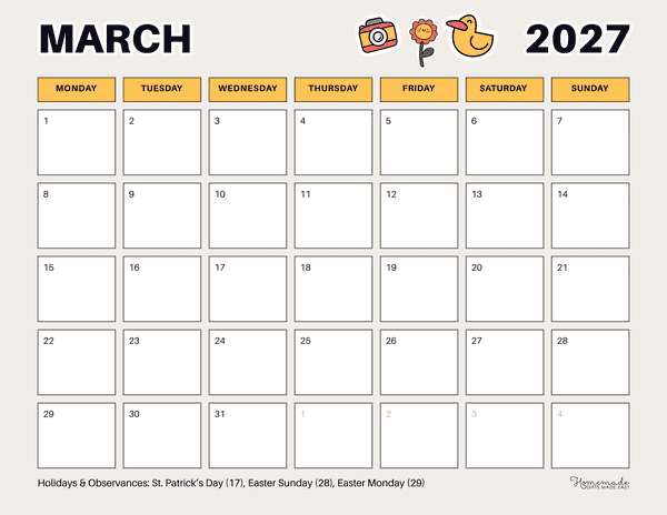 March Calendar 2027 Simple Cute Spring Stickers Monday Start