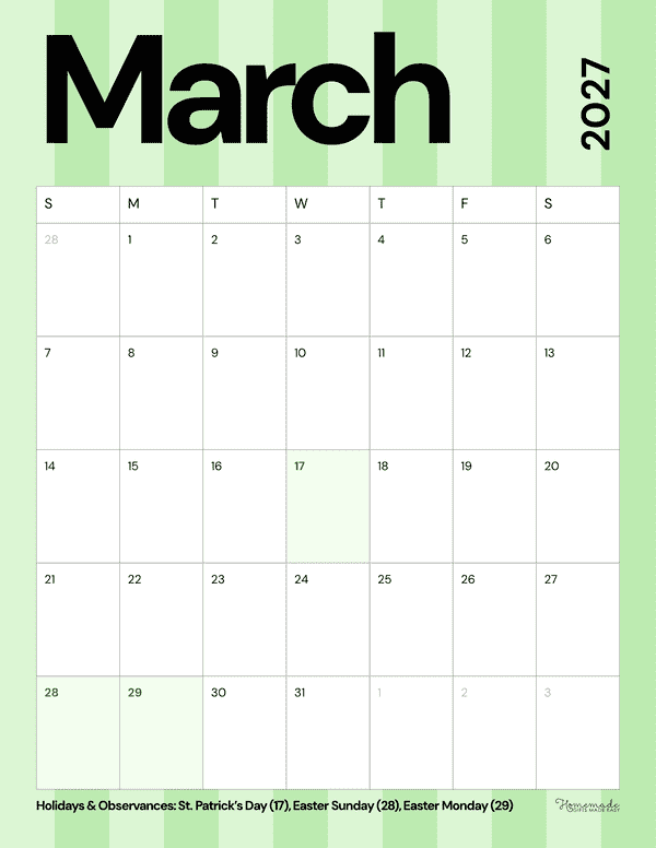 March Calendar 2027 Simple Green Striped Portrait