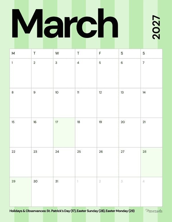March Calendar 2027 Simple Green Striped Portrait Monday Start