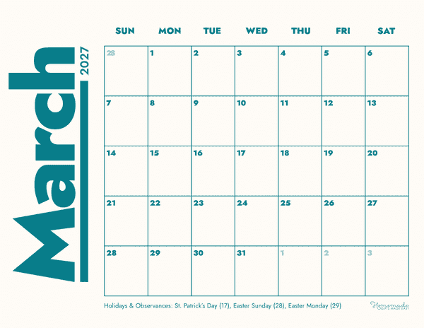 March Calendar 2027 Teal Cream Modern Clean Minimalist