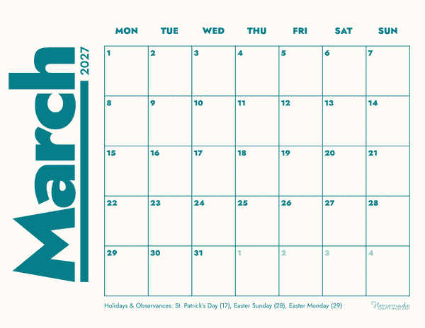 March Calendar 2027 Teal Cream Modern Clean Minimalist Monday Start