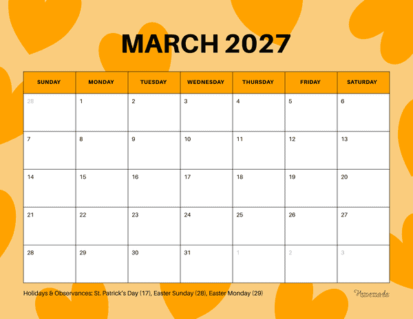 March Calendar 2027 Warm Orange Simple Playful Hearts